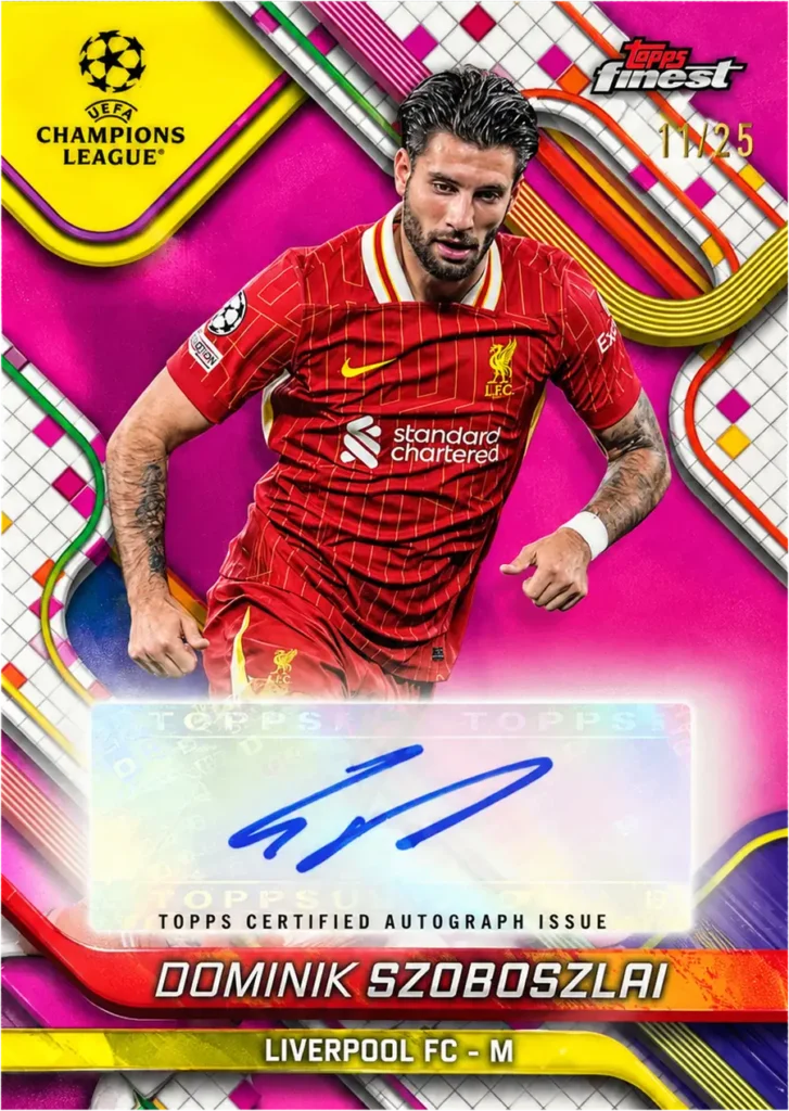 Dominik Szoboszlai 2024-25 Topps Finest UEFA imzalı futbol koleksiyon kartı